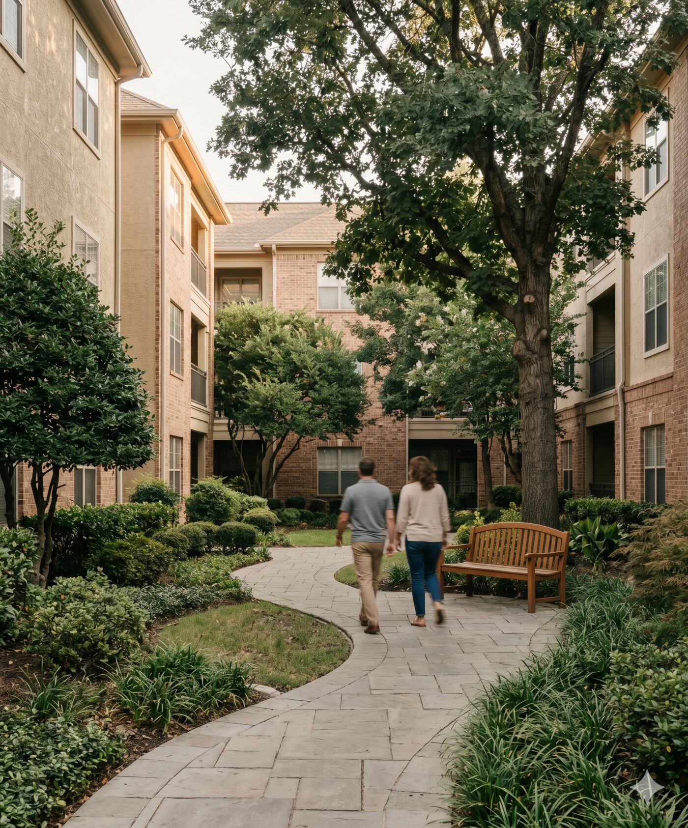 Two residents walking through a tree-shaded interior courtyard, with brick buildings, manicured plantings, and a wooden bench.