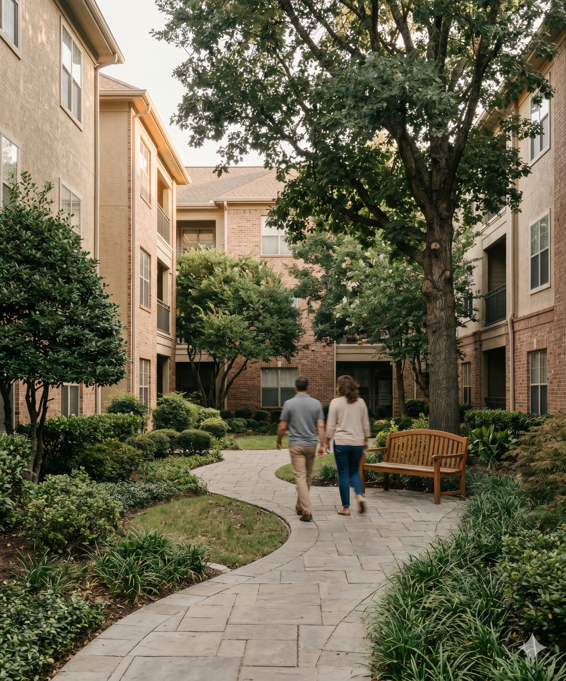 Two residents walking through a tree-shaded interior courtyard, with brick buildings, manicured plantings, and a wooden bench.