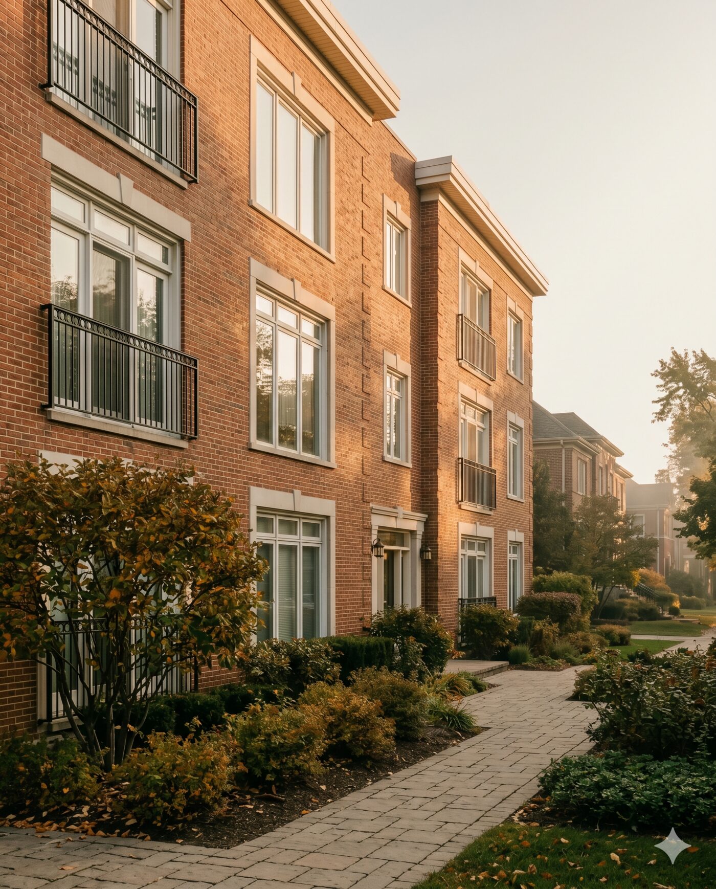A red-brick multifamily building at golden hour with manicured landscaping and a paved walkway.