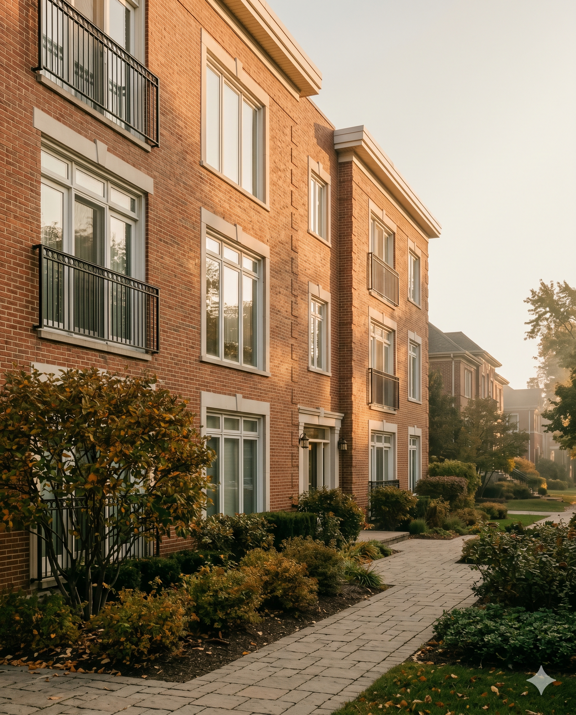 A red-brick multifamily building at golden hour with manicured landscaping and a paved walkway.