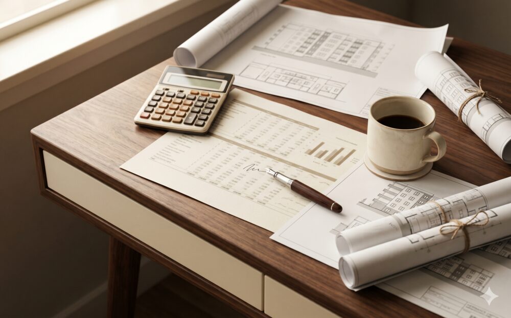 A wooden desk with a calculator, coffee cup, fountain pen, and architectural floor plans showing financial figures and building elevations.