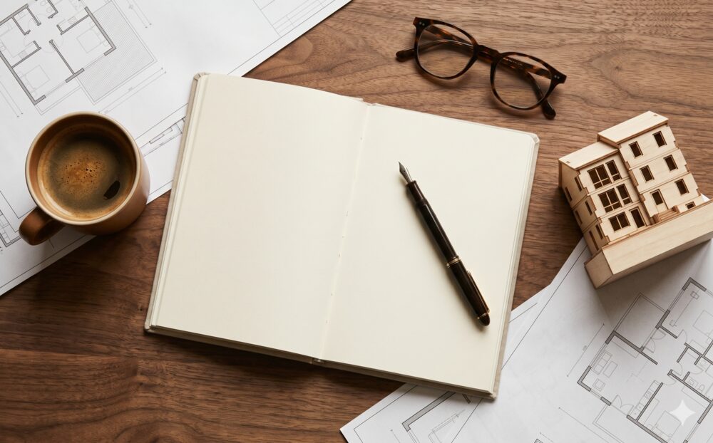 An open notebook with a fountain pen, eyeglasses, a coffee cup, and a small architectural model on a wooden desk with floor plans.