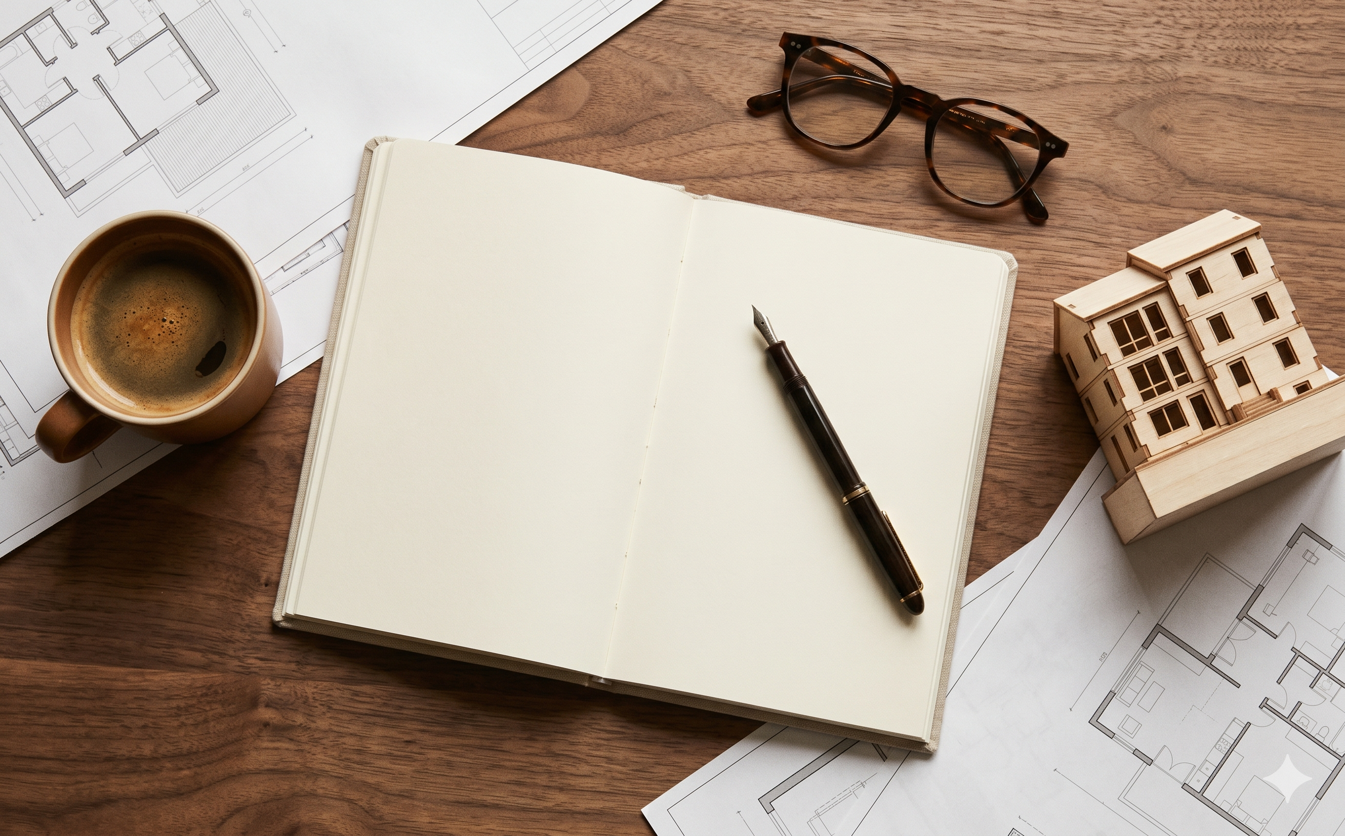 An open notebook with a fountain pen, eyeglasses, a coffee cup, and a small architectural model on a wooden desk with floor plans.