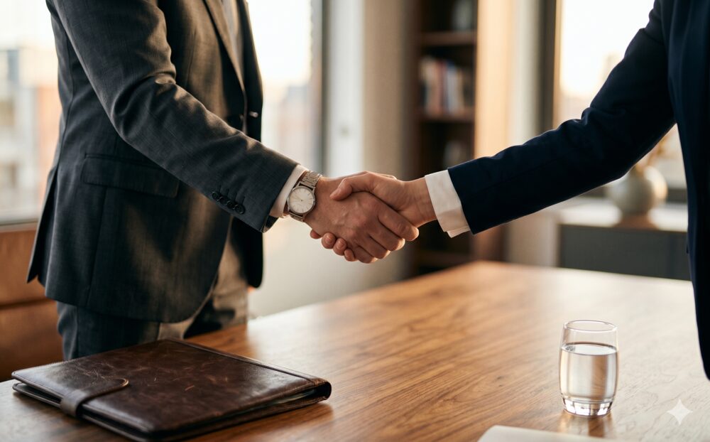 Two professionals in business attire shaking hands across a wooden conference table.